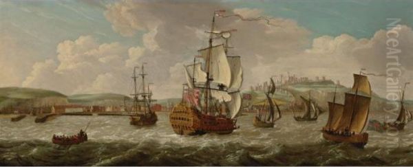 A British Man-of-war And Other Shipping Off Dover Oil Painting by Isaac Sailmaker