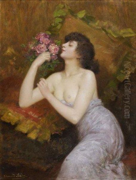 Sain - Jeune Femme Tenant Unbouquet... Oil Painting by Edouard Alexandre Sain