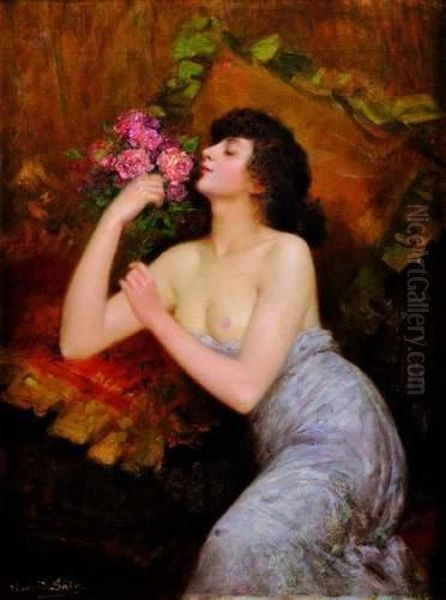 Jeune Femme Tenant Un Bouquet De Fleurs Oil Painting by Edouard Alexandre Sain