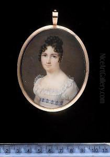 A Lady, Wearing White Dress With Lace Trim, Blue And White Checked Ribbon Waistband Beneath Bust, Her Dark Hair Piled High And Worn In Ringlets. Oil Painting by Daniel Saint