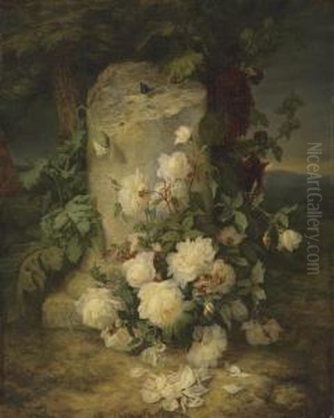 Yellow Roses By A Stone Plinth In A Landscape Oil Painting by Simon Saint-Jean