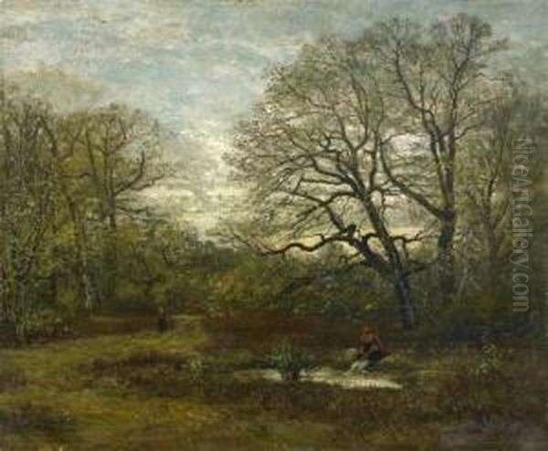 Wooded Landscape With A Laundress Oil Painting by Charles Edme Saint-Marcel-Cabin