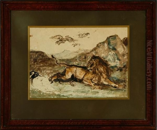 A Lion Laying In The Mountains Oil Painting by Charles Edme Saint-Marcel-Cabin