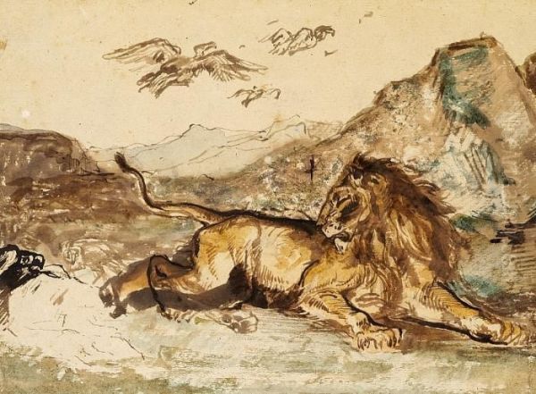 Charles Edme Saint-marcel-cabin: A Lion Laying In The Mountains Oil Painting by Charles Edme Saint-Marcel-Cabin