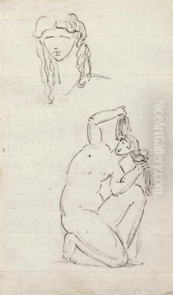 Study Sheet With Kneeling Female Nude And Study Of Head Oil Painting by Jean-Pierre Saint-Ours