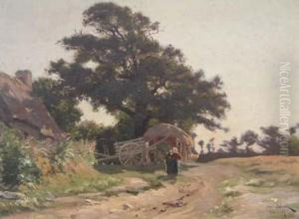 Ferme Avec Charrette Et Deux Personnages. Oil Painting by Henri Saintin