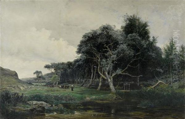 Landscape With A Peasant Woman And Cattle At Ariverbank Oil Painting by Henri Saintin