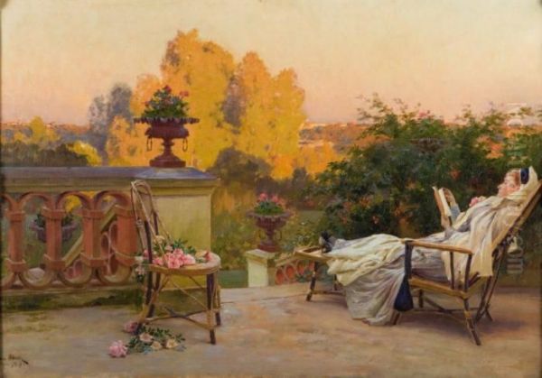 La Lecture Sur La Terrasse Oil Painting by Henri Saintin