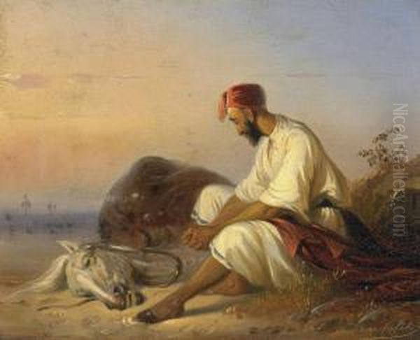 Arab With His Horse Oil Painting by Raden Sjarief B. Saleh