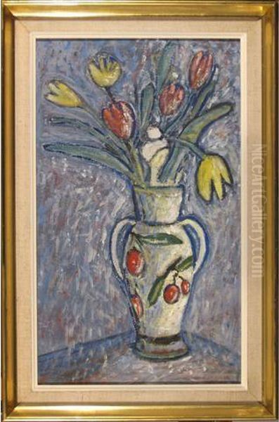 Bouquet De Tulipes Dans Un Vase A Decor De Cerises Oil Painting by Jeanne Saliceti