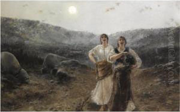 Mujeres A La Luz De La Luna (women By Moonlight) Oil Painting by Agustin Salinas Y Teruel