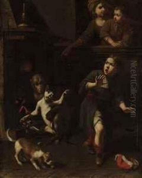 The Monkey And The Cat (aesop's Fable) Oil Painting by Tommaso Salini (Mao)