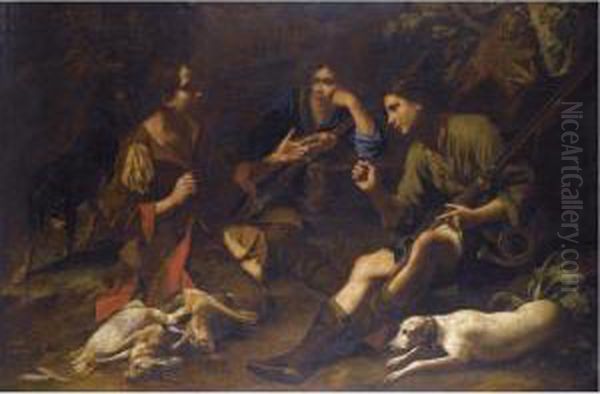 Boys Pausing From A Hunt And Playing At Odds In A Forest Clearing Oil Painting by Tommaso Salini (Mao)