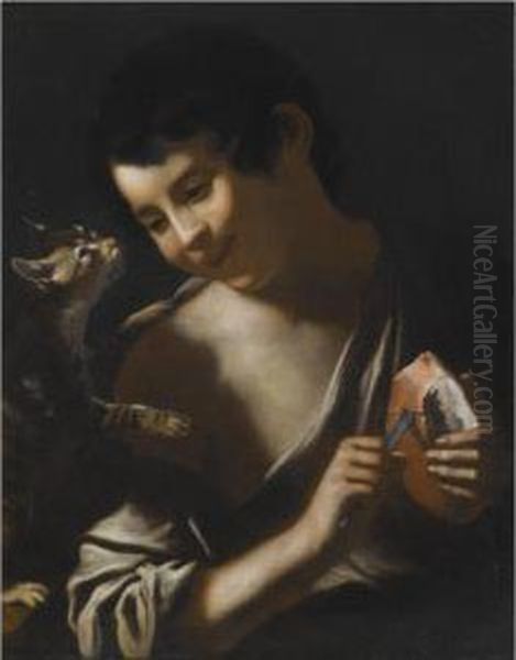 A Boy Eating A Loaf Of Bread With A Cat Oil Painting by Tommaso Salini (Mao)