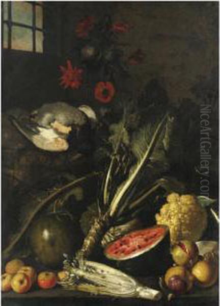 Natura Morta Con Cardo, Cavolo, Angurie, Melagrana, Cacciagione E Fiori Oil Painting by Tommaso Salini (Mao)