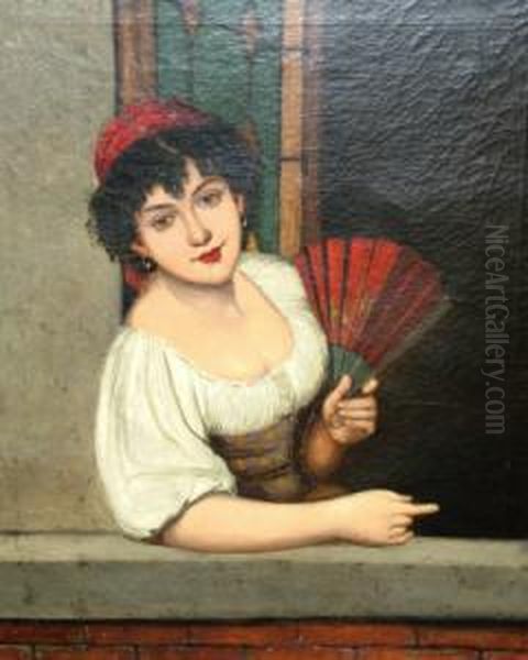 Portrait Of A Spanish Lady Half-length Leaning Out Of A Window Holding A Fan Oil Painting by Jules Salles-Wagner