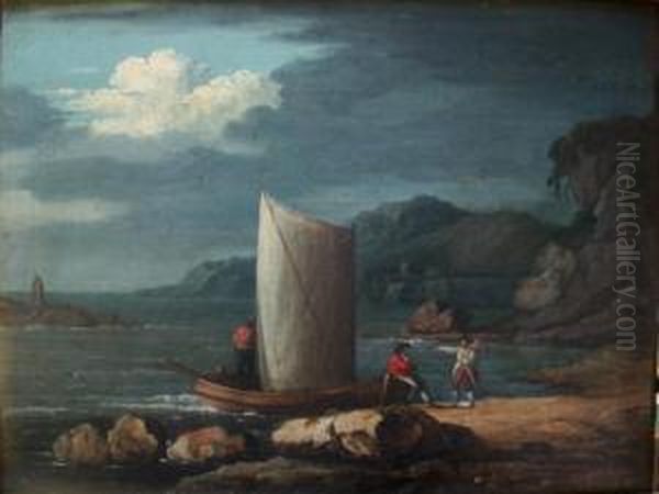 Three Men With A Sailing Boat In A Cove Oil Painting by Robert Salmon