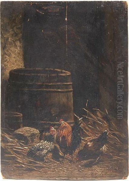 Roosters In A Barn Oil Painting by Theodore Frederic Salmon