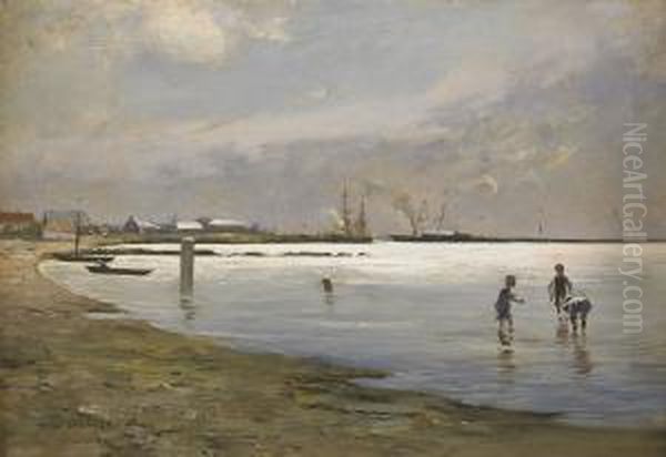 Lekande Pojkar I Vattenbrynet - Motiv Fran Trelleborgs Hamn Oil Painting by Hugo Salmson