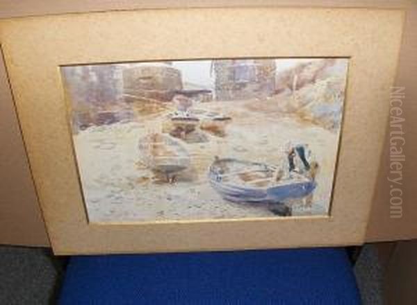 Man Tending Boats In A Rocky Cove Oil Painting by Frank Saltfleet