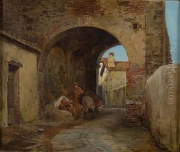 Sudlandische Dorfkulisse Mit Zwei Monchen Am Wegesrand Oil Painting by Pietro Saltini