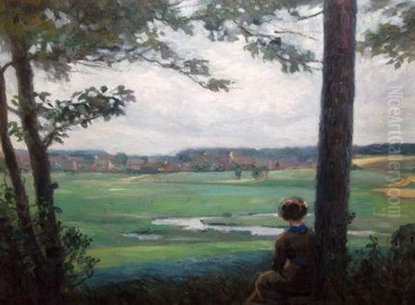 Figure Looking Across Extensive Landscape Oil Painting by Florence A. Saltmer