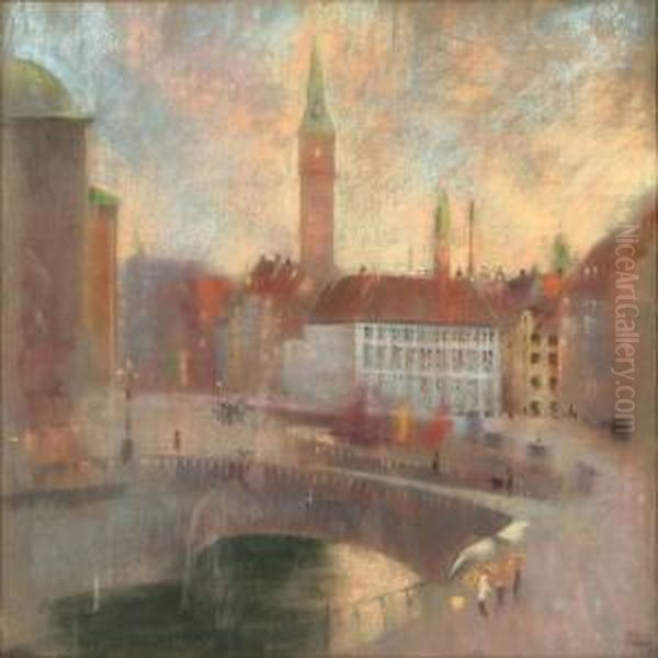 Canal Scene Fromcopenhagen Oil Painting by Edvard Anders Saltoft