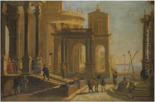 A Capriccio View Of A Palace Beside A Harbour With Figures In Theforeground Oil Painting by Alessandro Salucci