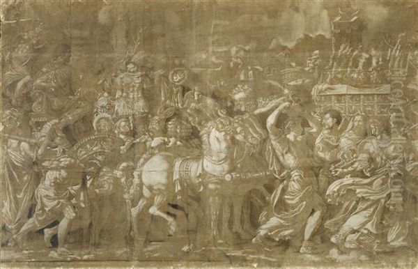 Roman Triumphal Procession With Quadriga, Prisoners And Booty Oil Painting by Rancesco De' Rossi (see Salviati, Cecchino Del)