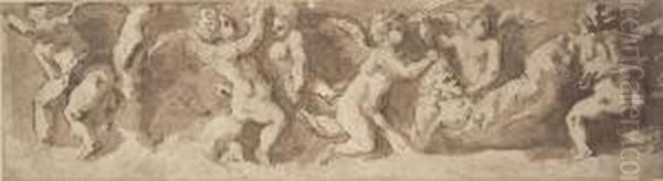 Design For A Frieze With Winged Putti Tormenting A Satyr Oil Painting by Rancesco De' Rossi (see Salviati, Cecchino Del)