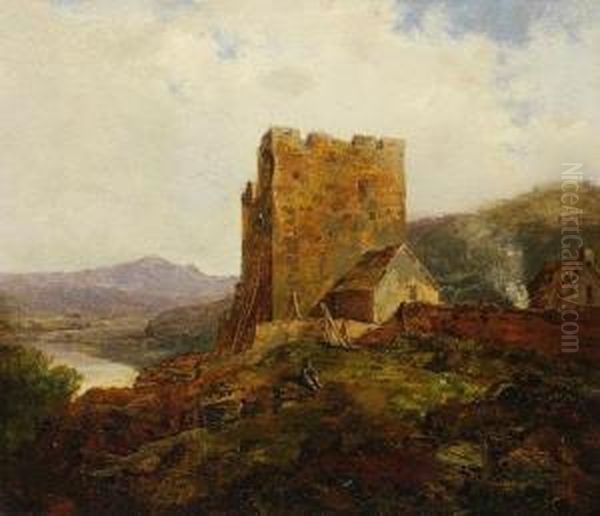 Zugeschrieben - Burgruine Uber Einer Flusslandschaft Oil Painting by Friedrich Salzer