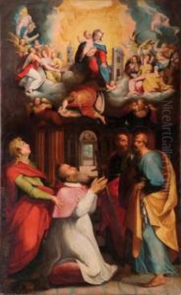 Apparizione Della Madonna Diloreto Ad Un Cardinale Di Nome Giovanni, Tra I Santi Giovanni,pietro E Paolo Oil Painting by Orazio Samacchini