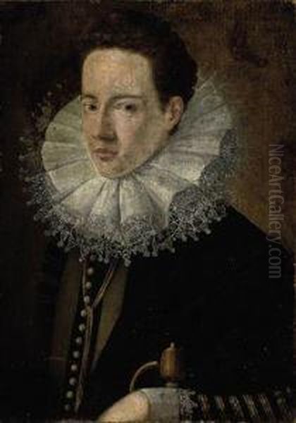 Portrait Of A Gentleman, Bust-length, In A Black Jacket With A Laceruff, His Right Hand Resting On The Hilt Of A Sword Oil Painting by Alonso Sanchez Coello