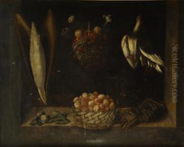 Cesto De Albaricoques Con Esparragos Y Guisantes, Un Cesto De Frutas Y Otros Objetos Colgados En Una Ventana Oil Painting by Juan Sanchez Cotan