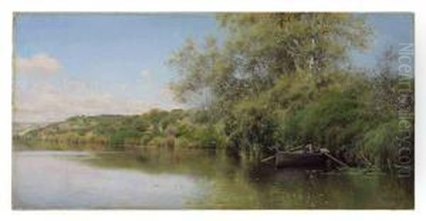 Fishermen On A Tranquil River Oil Painting by Emilio Sanchez-Perrier