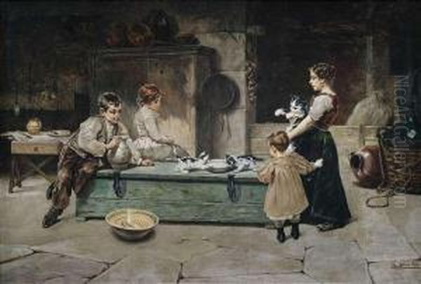 Family Idyll In A Peasant's Kitchen Oil Painting by Eduardo Sanchez Sola