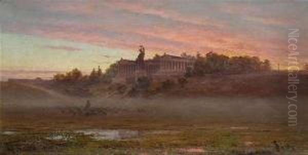 Theresienwiese And Bavaria In Munich At Evening Light. Oil Painting by Maximilien E. Sand