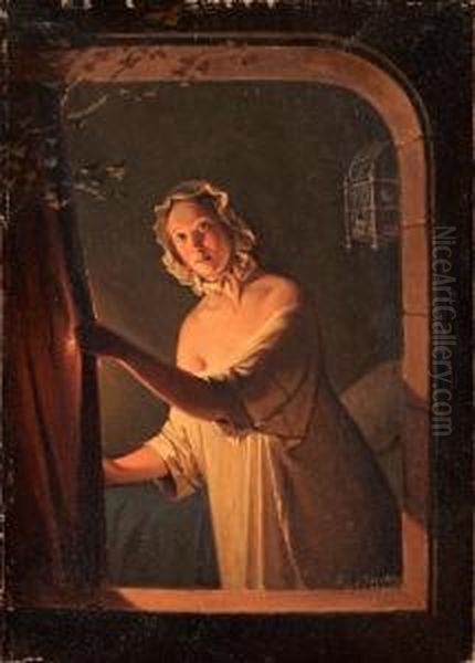 Girl By Light Oil Painting by Johan Gustav Sandberg