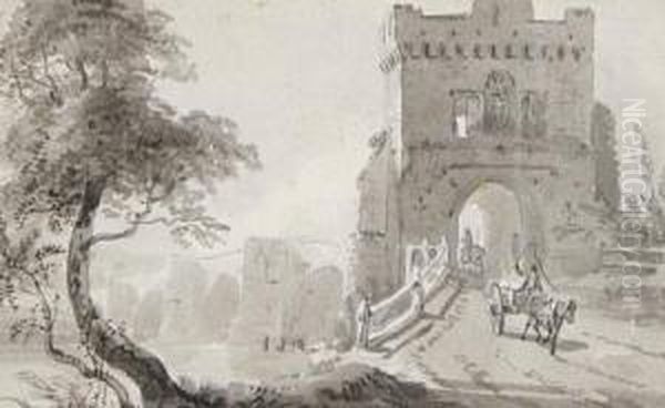 Bridge And Gatehouse With Figures Oil Painting by Paul Sandby