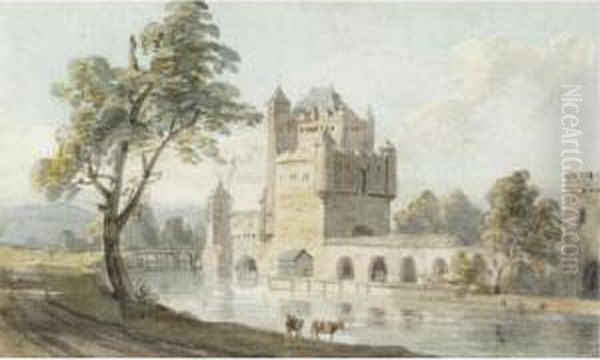 Castle By A River Oil Painting by Thomas Sandby