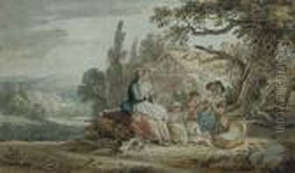 A Family Outside A Cottage Oil Painting by Thomas Sandby