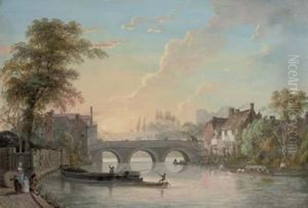 View Of Tonbridge, With The Bridge And Houses, Coal And Pleasure Boats In The Foreground And The Castle Keep Beyond Oil Painting by Thomas Sandby