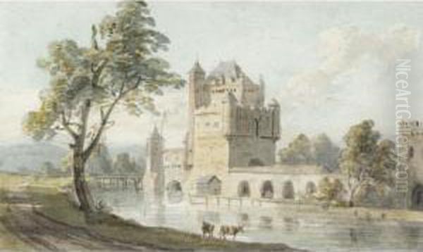 A Castle On The Banks Of A River Oil Painting by Thomas Sandby