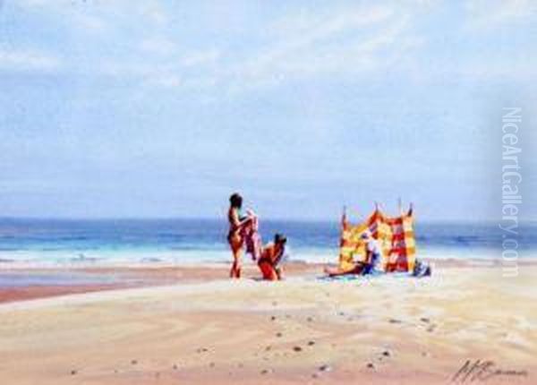 Figures On A Beach Oil Painting by J.M. Sanders