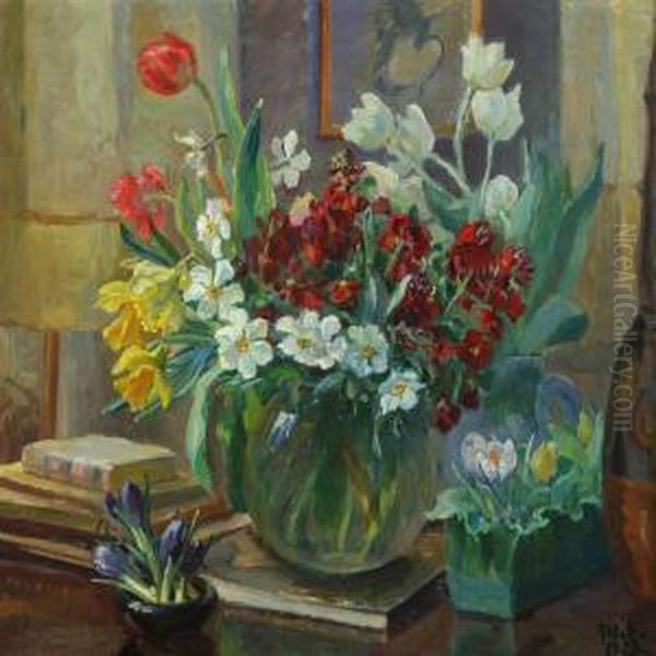 Still Life With Books And Flowers In Vases Oil Painting by Anna Marie Sandholt