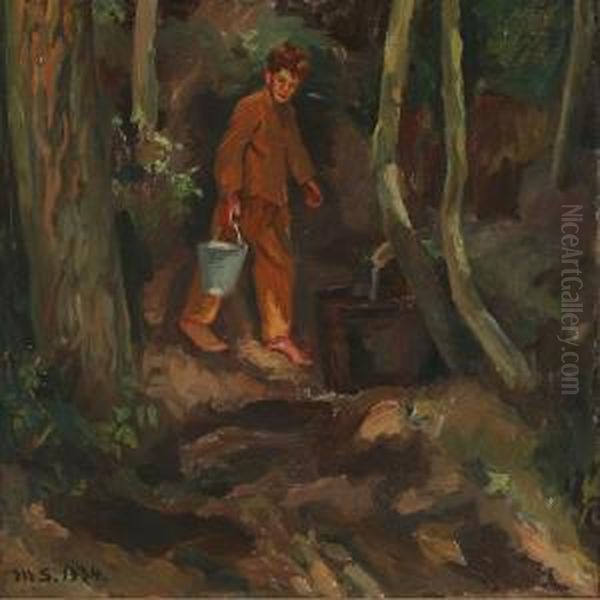 A Boy Fetching Water In The Forest Oil Painting by Anna Marie Sandholt