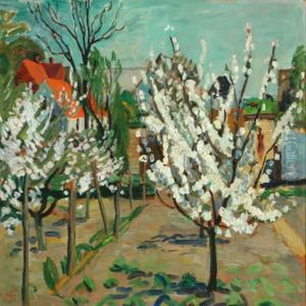 Garden With Fruit Trees In Blossom Oil Painting by Anna Marie Sandholt