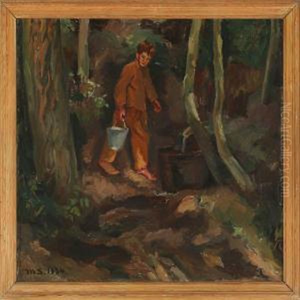 A Boy Fetching Waterin The Forest Oil Painting by Anna Marie Sandholt