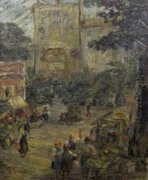 Figures In A Town Square Oil Painting by Reska Sandor