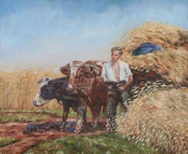 Man With Team Of Oxen In Hay Field Oil Painting by J. Sandow